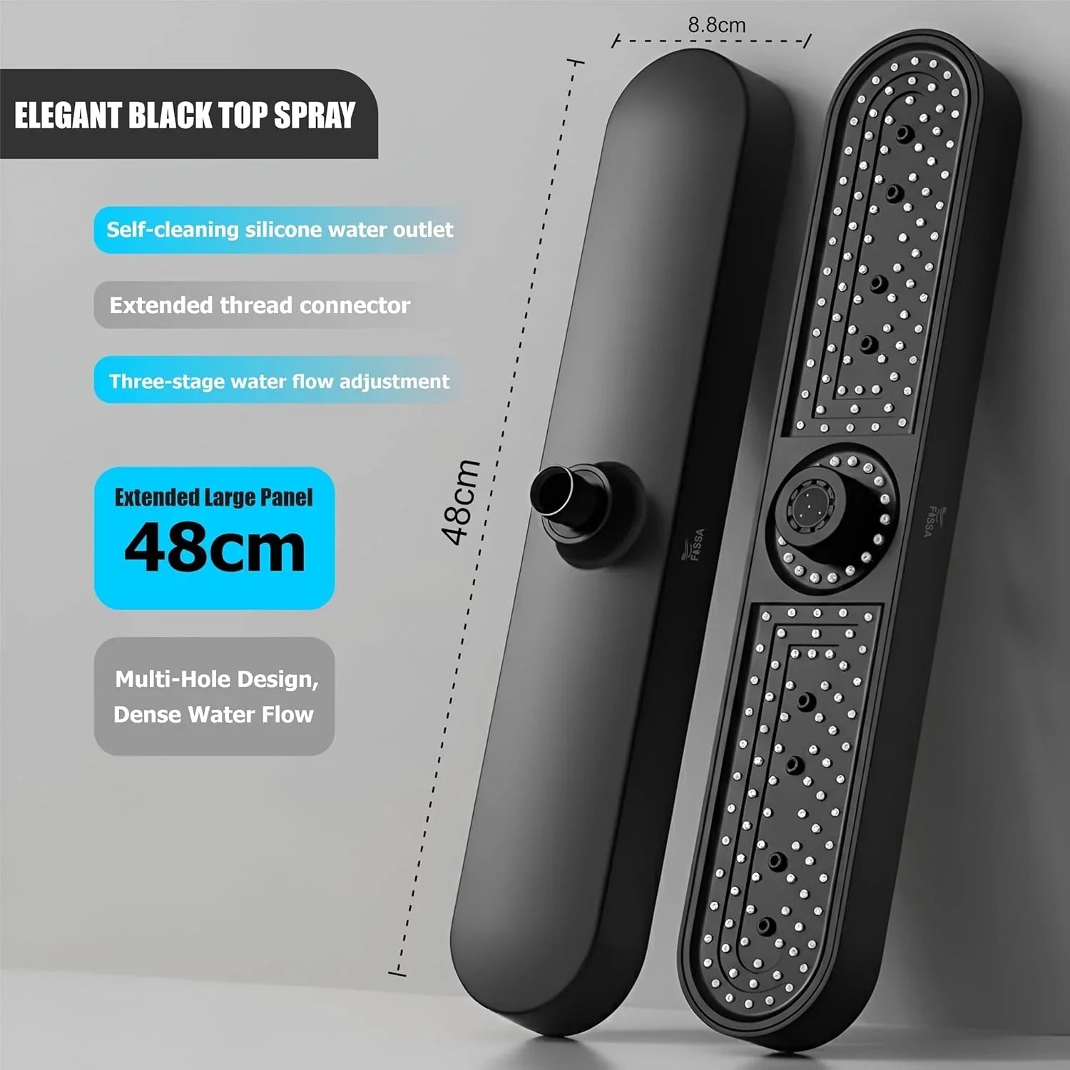 Helios 48cm ABS Black Finish Overhead Shower Without Arm-2